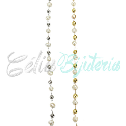 Colar de Aço com Bolas de Aço e Pérolas de Água Doce