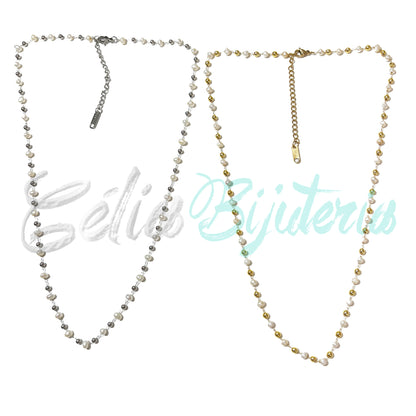 Colar de Aço com Bolas de Aço e Pérolas de Água Doce