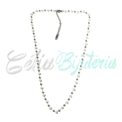 Colar de Aço com Bolas de Aço e Pérolas de Água Doce