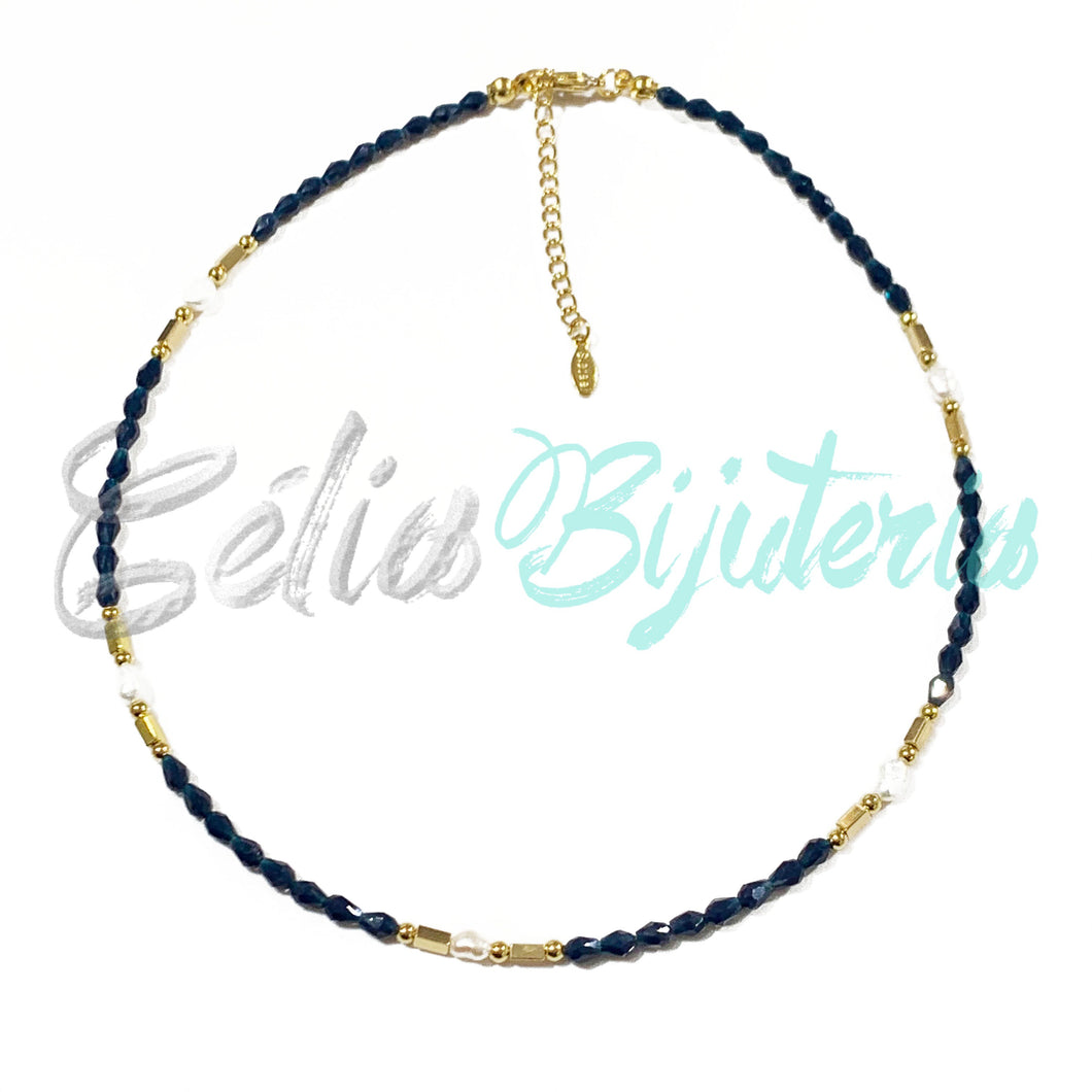 Collar de Cristal con Hematites y Perlas Naturales - Azul