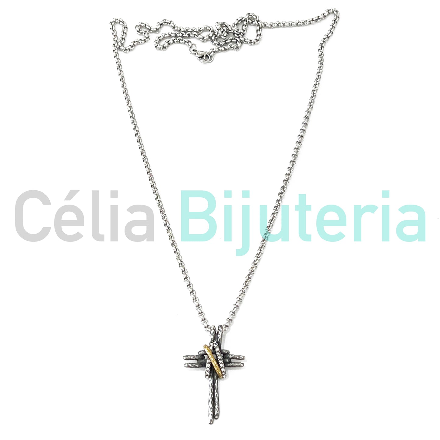 Steel Necklace with Dual-Tone Medal - Cross