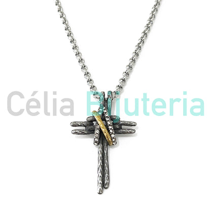 Steel Necklace with Dual-Tone Medal - Cross