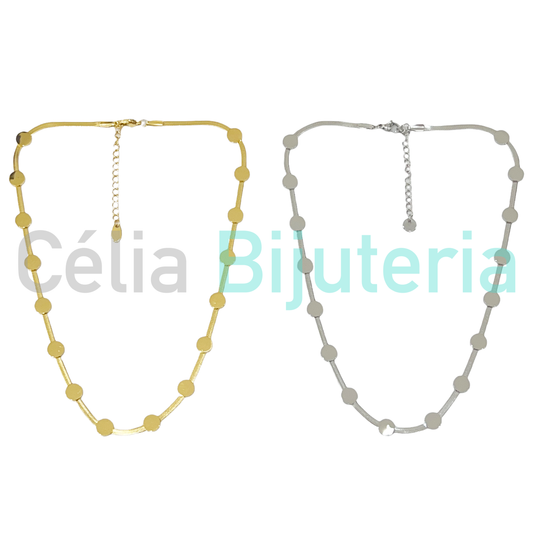 Flattened Steel Snake Chain Necklace with Medallions - Circles