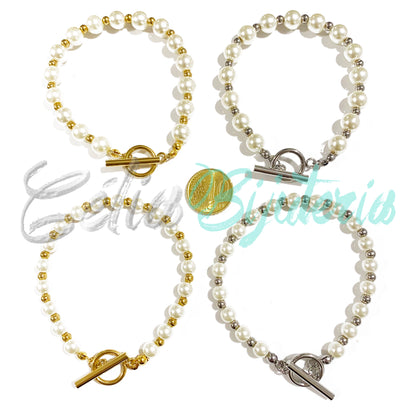 Pulseira de Pérolas e bolas de Aço com fechos O/T