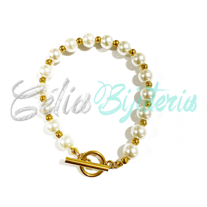 Pulseira de Pérolas e bolas de Aço com fechos O/T