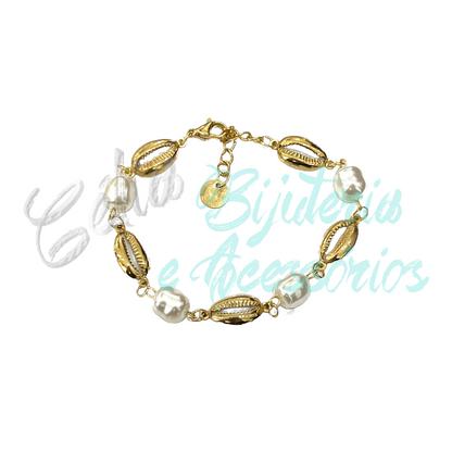 Colar/Pulseira/Tornozeleira de Aço - búzios com pérolas