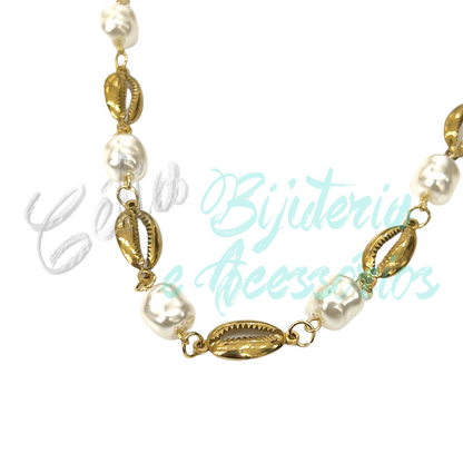 Colar/Pulseira/Tornozeleira de Aço - búzios com pérolas