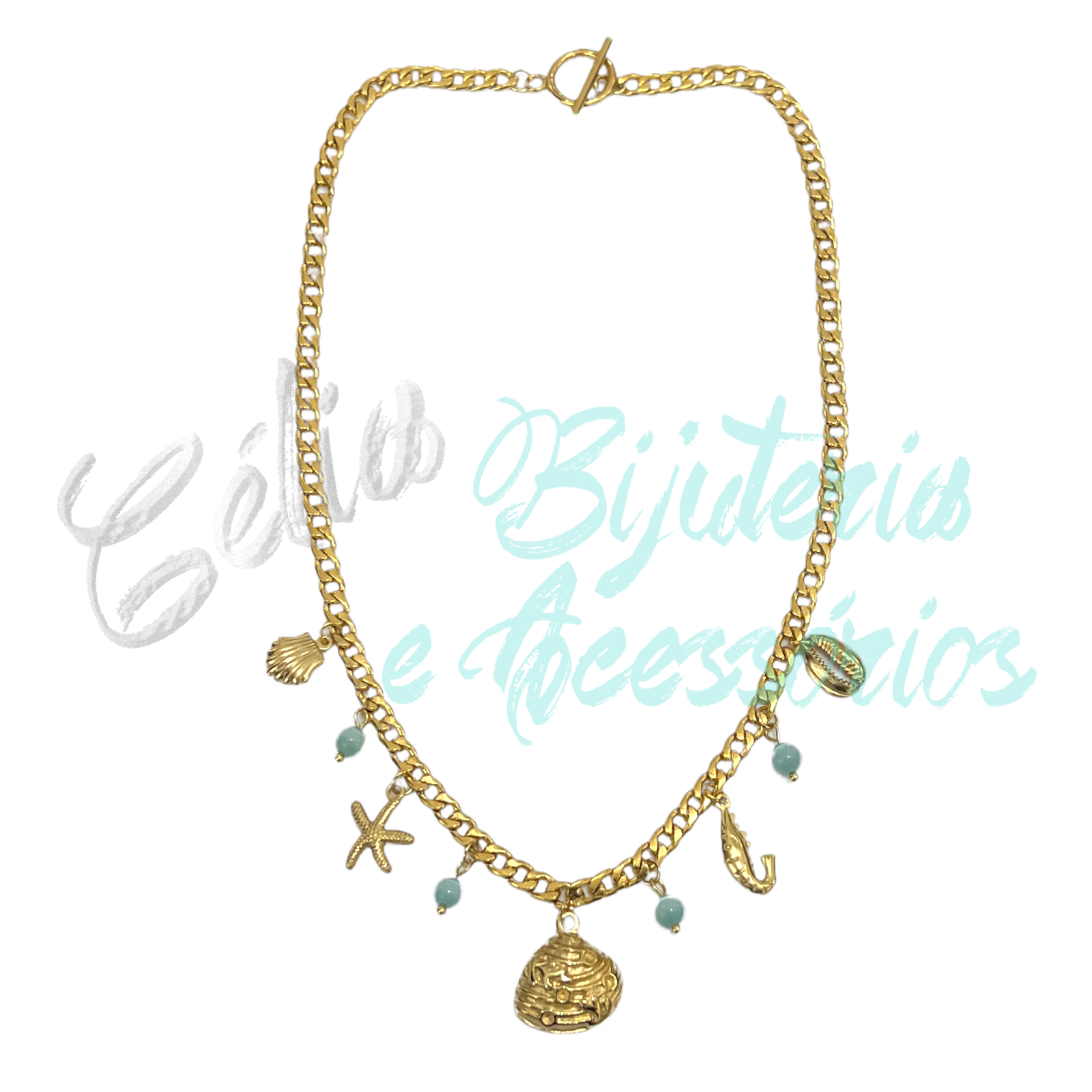 不锈钢项链- 贝壳、海螺、海星、虾和蓝色石头– Celli Biju