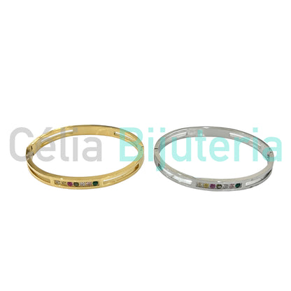 Bracelete de Aço - zirconias coloridas